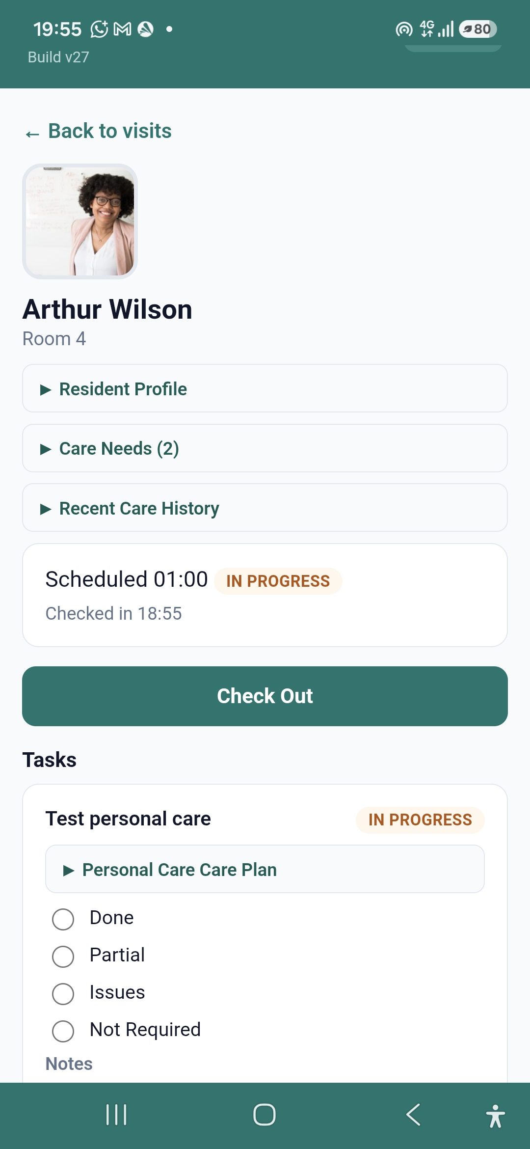 Live visit: task outcomes & check-out
