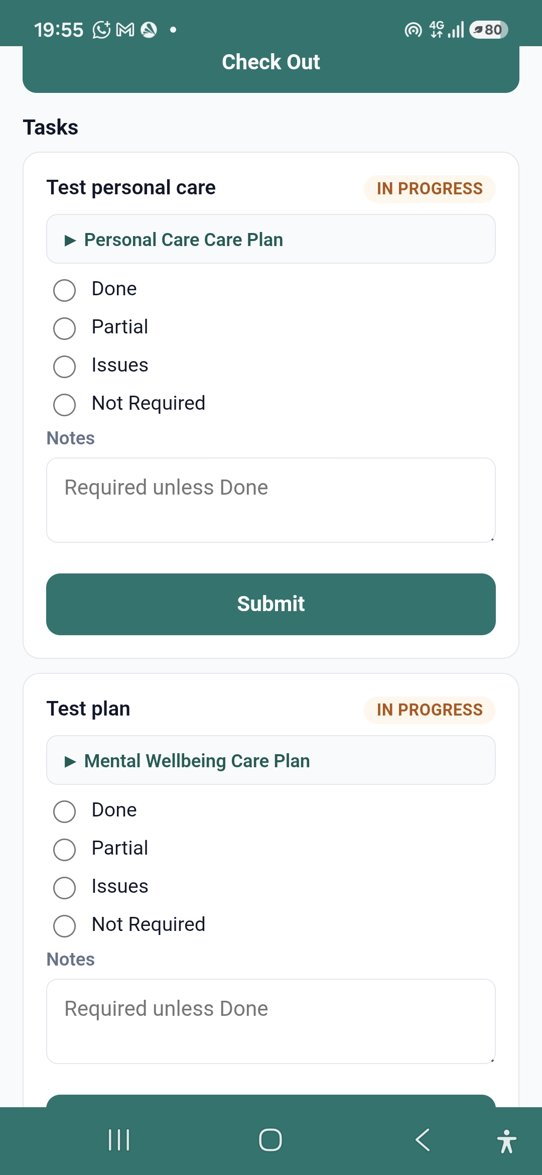 Care plan outcomes recorded as you go