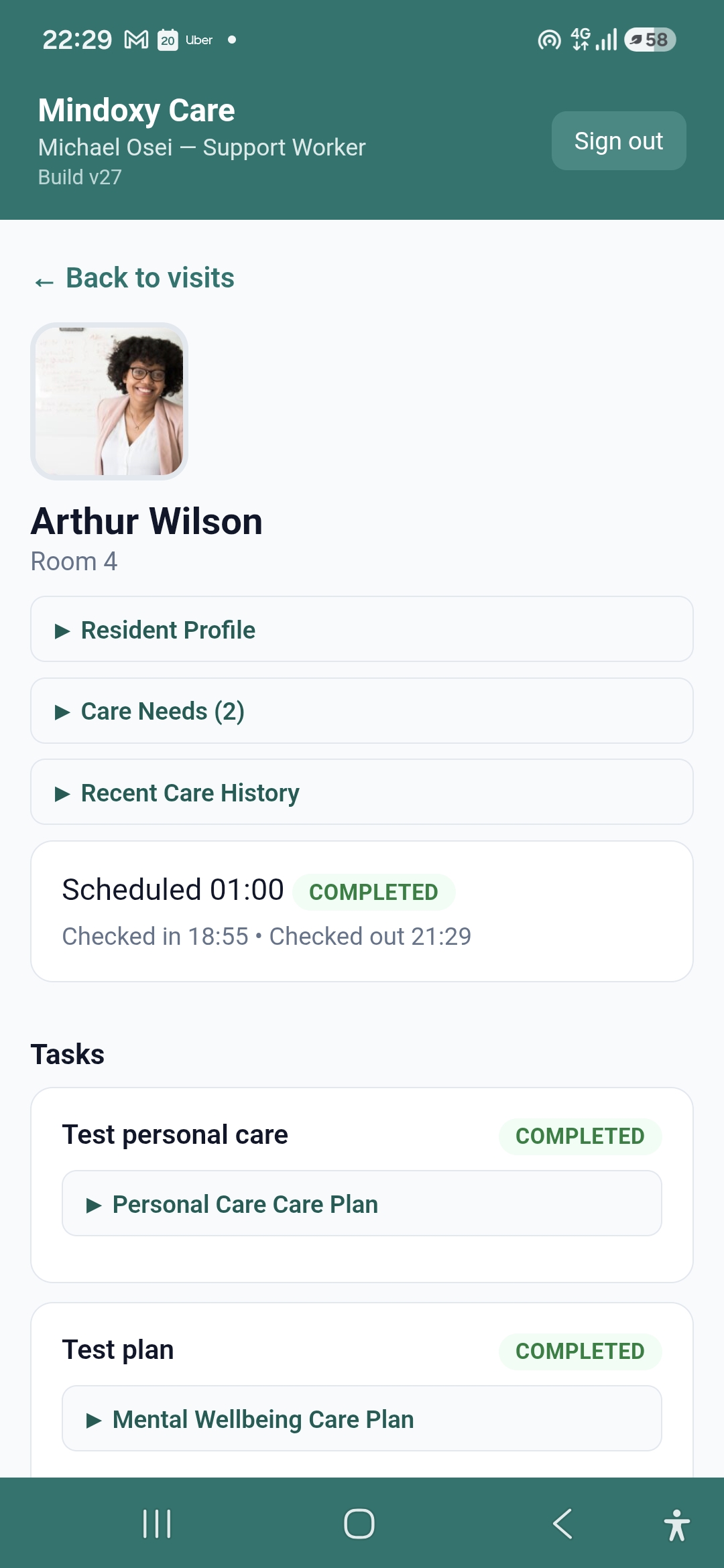 Completed visit summary