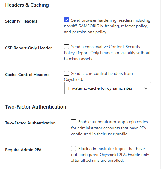 Oxyshield Headers and Two-Factor Authentication settings