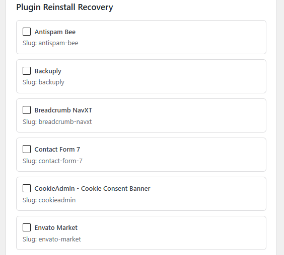 Oxyshield Plugin Reinstall Recovery panel with a list of installed plugins