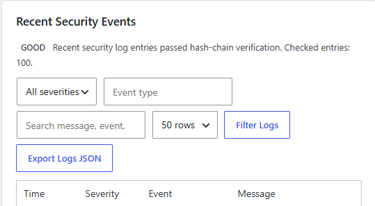 Oxyshield Recent Security Events log with tamper-evident verification