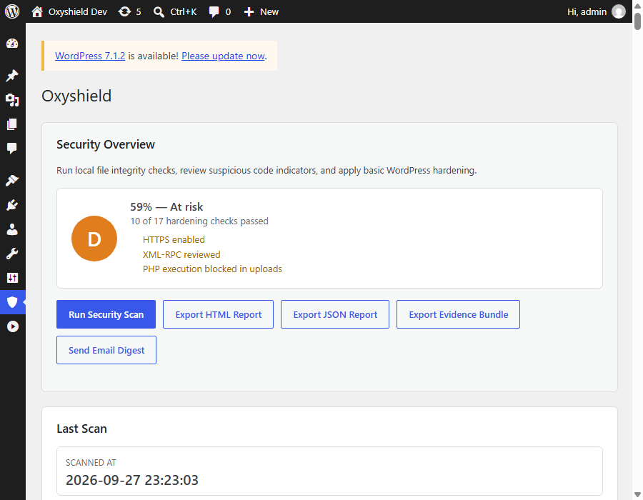 Oxyshield Security Overview panel showing a letter grade and percentage score