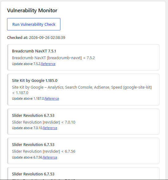 Oxyshield Vulnerability Monitor listing known CVEs for installed plugins